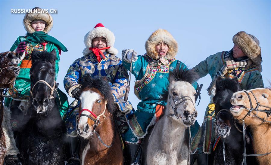 Бег лошадей по заснеженной степи Шилин-Гол